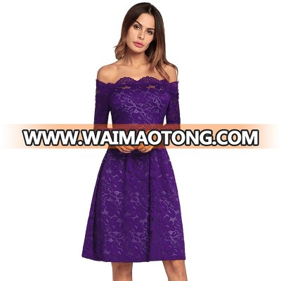 Long Sleeve Lace Casual Dresses Red Cocktail Boat Neck Purple Evening Dress