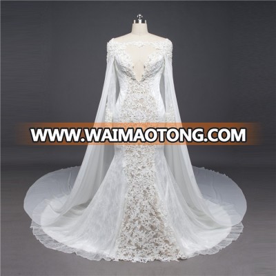 Luxury Wedding Dress Muslim Long Sleeve Mermaid Dresses With A Long Detachable Cap In Dubai