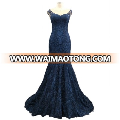 Hot Sales New Wedding Dress 2017 Navy Blue Cap Sleeve Lace Evening Dress Sexy Back See Though