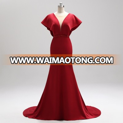 Simple Satin Red Evening Dresses Mermaid Deep V-neck Mother Of Bride Dress Women Dresses Long Gown Dress