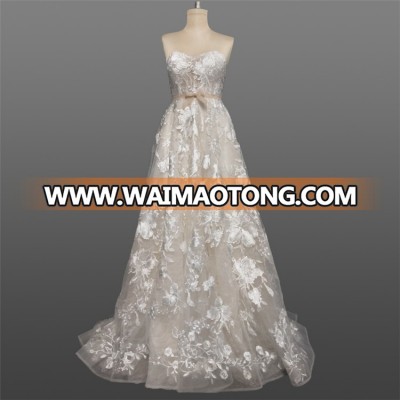 Designer Champagne Floral Wedding Dress Strapless Vintage Dresses For Brides With Bow Belt