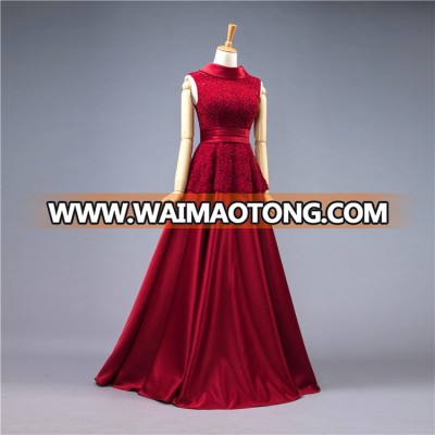 2018 Evening Dresses High Collar Lace And Beads Stain Wine Red Evening Gowns Bridesmaid Dress