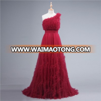 New Arrival Burgundy Bridesmaid Dresses One Shoulder Ruffled Gowns With Nipped Waist